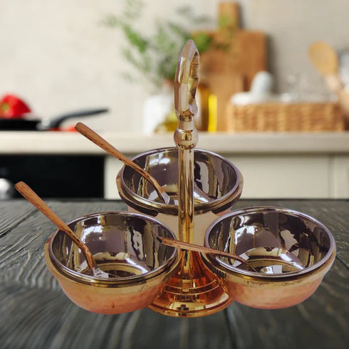Steel Copper Pickle Bowl Set With Handle